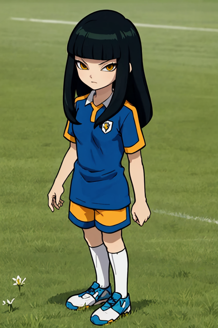 1girl, dhanna, black hair, blunt bangs, long hair, yellow eyes protocolomega uniform, belt, bodysuit, white socks, shoes edorado uniform, soccer uniform, shorts, socks, shoes