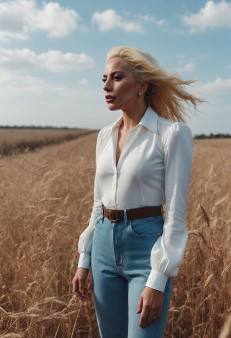 cinematic photo RAW candid cinema, ((ohwx woman)) portrait in a field, 16mm, ((remarkable color)), (ultra realistic)  <lora:ulti_lady_gaga_sdxl:1.2> . 35mm photograph, film, bokeh, professional, 4k, highly detailed