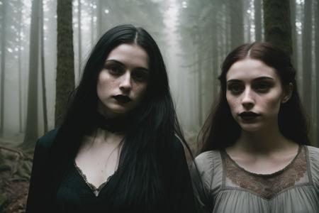 hyper realistic photograph, film grain, Kodak portra 800, f1.8, close up of two beautiful 18yo goth women,  walking through a dense forest, haze,  fog, dim diffuse light, detailed faces, beautiful faces, beautiful eyes, piercing eyes, gaunt, tired, dehydrated, crazy smile, unhinged, psychopathic