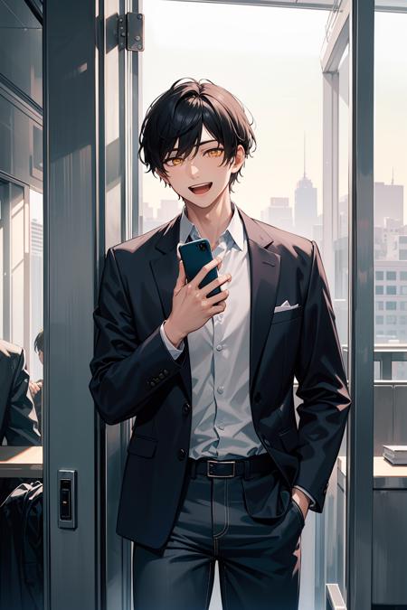 Masterpiece, High quality, cowboy shot, 1boy, short hair, straight hair, black hair, BREAK yellow eyes, glowing eyes, glowing BREAK tall male, mature male, muscular, business suit, white shirt, black jeans Break salaryman, laughing, phone, talking on phone,