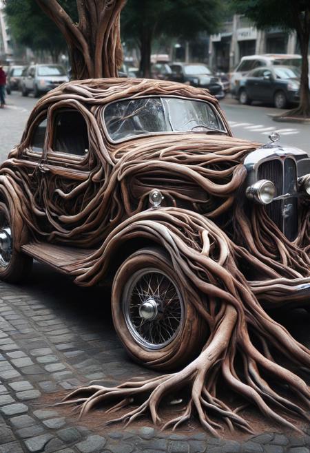 morph-treeroots , vintage car,polished chrome details,classic style design,in city,photography<lora:tree roots_0_100_V1-000008:1>