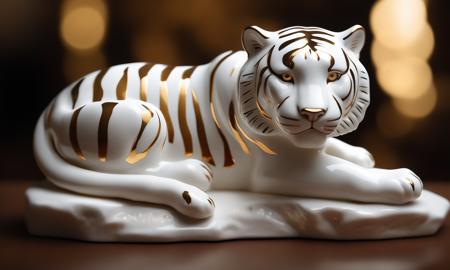 cinematic film still <lora:pcporcelaincd_xl-000006:0.7>,a handmade model toy of a tiger made of (pcporcelaincd_xl,porcelain,white theme,gold lacquer,shiny:1.3) in office,no humans,long-focus,tilt-shift,indoors,full body,chinese zodiac,wooden table,cutie,cute,still life,animal statue,front view,facing viewer,looking at viewer . shallow depth of field, vignette, highly detailed, high budget, bokeh, cinemascope, moody, epic, gorgeous, film grain, grainy, 8K, HDR, UHD, masterpiece, best quality, highly detailed, high resolution, finely detail, extremely detailed, ultra detailed, wallpaper