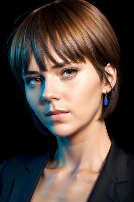 (8k, masterpiece, best quality, 1girl, solo, sfw), Karin Spolnikova, portrait, short haircut, adult, ((adult body)), (wearing a business suit), looking at camera, eyelines, eyeshadows, simple dark background, low light, <lora:Karin_Spolnikova_v5_0-10:0.75>, huge breasts:1.5