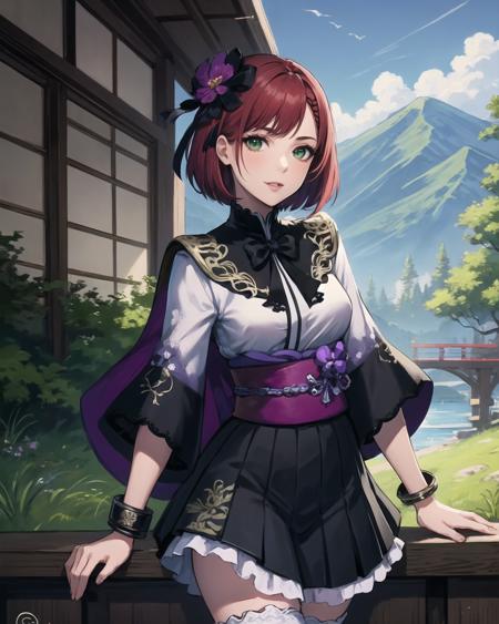 best quality, (masterpiece:1.2), illustration, absurdres, 
(1girl, solo), (beautiful detailed girl), cowboy shot,
<lora:GraciaSW3-09:0.8>, Gracia Hosokawa, red hair, short hair,  (large hair ornament), green eyes, small breasts,
purple and black shirt, ornate shirt, purple sleeves, black skirt, ornate skirt, bloomers, purple capelet, (white thighhighs:1.1), ornate black boots, purple bracelet,
grassy mountains, trees, japanese architecture, river, plants,
lying, happy, looking at viewer,