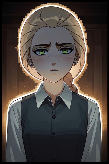 (dark shot:1.4), 80mm, (anime), (illustration), cartoon, detailed, katyastik, 1girl, solo, braid, long hair, shirt, earrings, single braid, white shirt, collared shirt, brown hair, green eyes, blonde hair , upper body , closed mouth, day,  <lora:katyastik:0.55>, soft light, sharp, exposure blend, medium shot, bokeh, (hdr:1.4), high contrast, (cinematic, teal and orange:0.85), (muted colors, dim colors, soothing tones:1.3), low saturation, (hyperdetailed:1.2), (noir:0.4)