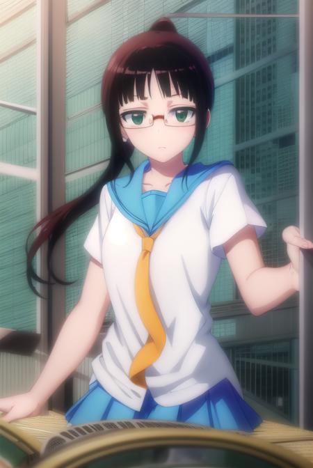 rurimiyamoto, <lora:ruri miyamoto s2-lora-nochekaiser:1>,
ruri miyamoto, long hair, bangs, black hair, (green eyes:1.3), ponytail, glasses, blunt bangs,
BREAK skirt, shirt, thighhighs, school uniform, collarbone, white shirt, pleated skirt, necktie, serafuku, sailor collar, blue skirt, blue sailor collar, orange necktie,
BREAK indoors, classroom,
BREAK looking at viewer, (cowboy shot:1.5),
BREAK <lyco:GoodHands-beta2:1>, (masterpiece:1.2), best quality, high resolution, unity 8k wallpaper, (illustration:0.8), (beautiful detailed eyes:1.6), extremely detailed face, perfect lighting, extremely detailed CG, (perfect hands, perfect anatomy),