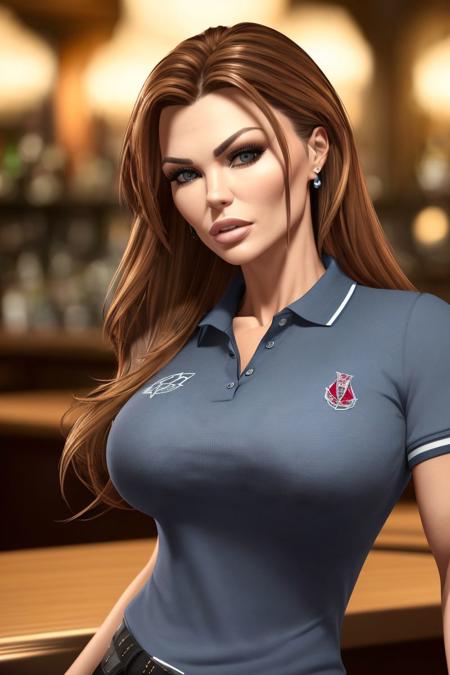 closeup portrait of S088_PaigeBritish, a stunning woman, in a (bar:1.2), wearing a (poloshirt:1.27), (8k, RAW photo, best quality, DOF, ultra high res:1.2), (absurdres, intricate, photorealistic, masterpiece, ultra-detailed, Unreal Engine:1.3)