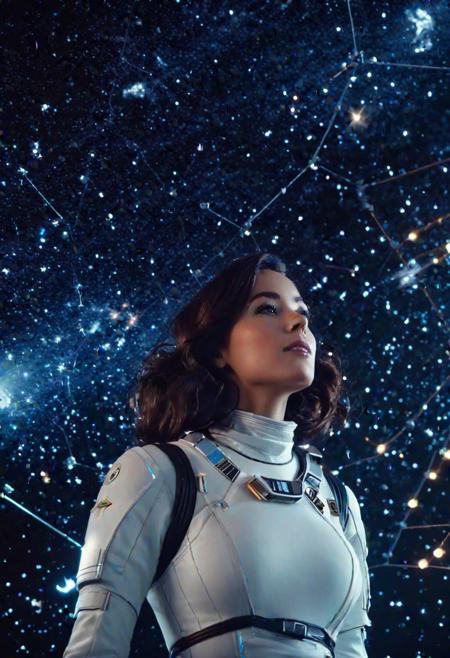 a close shot of olfn beautiful space girl adrift in space with constellations and plantets, the grace of floating without gravity, (masterpiece), (best quality), (ultra-detailed), perfect composition,  intricate details, epic cinematic spontaneous picture,