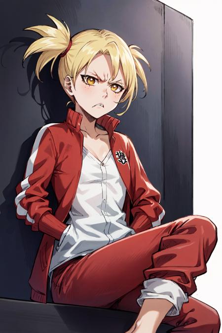 <lora:ch-sarugakihiyori:1>, sarugaki hiyori, barefoot, blonde hair, yellow eyes, short twintails, small breasts,
open jacket, red jacket, white shirt, sleeveless, red track pants,
1girl, solo, (close-up), from below, angry, (face), scowl