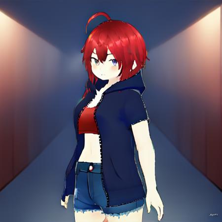 <lora:utinoko akagami-000016:1>,standing, red hair, short hair, looking at viewer, short shorts, denim, dynamic pose,