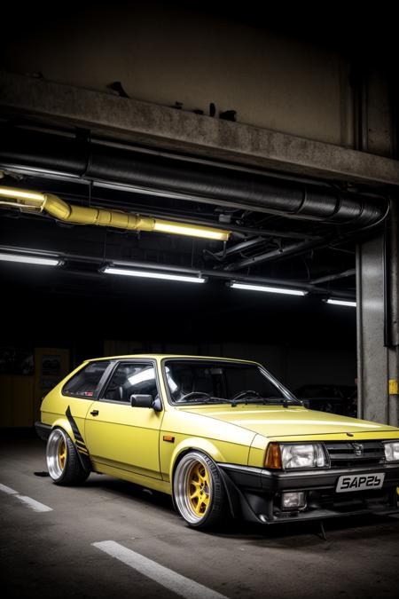 a yellow cyberpunk vaz 2108 car on lowered suspension with silver work r14 rims parked in a dark garage, silver rims, bagged, stance, custom fender, wide body kit, with (retro stripe vinyls:1.2) on its sides, speedhunters, dslr photo, 35mm photo, low contrast, muted colors, cyberpunk mods, additional car accessories on sides, extra pipes going over car fenders <lora:vaz_2108:0.7>