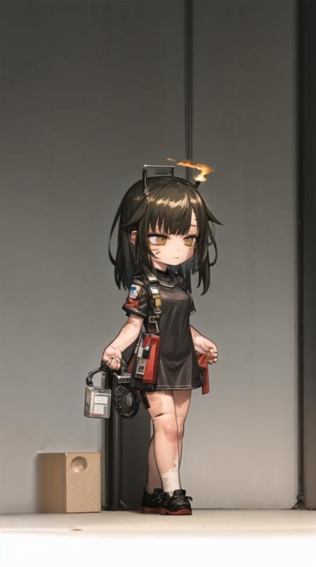 masterpiece, best quality, 1girl,  <lora:karahara_shima_v1:1>, karahara shima, brown eyes, black hair, burn scars,  <lora:styleArknightsChibi:0.8>, chibi, full body, flat colors, arknights-inspired clothing