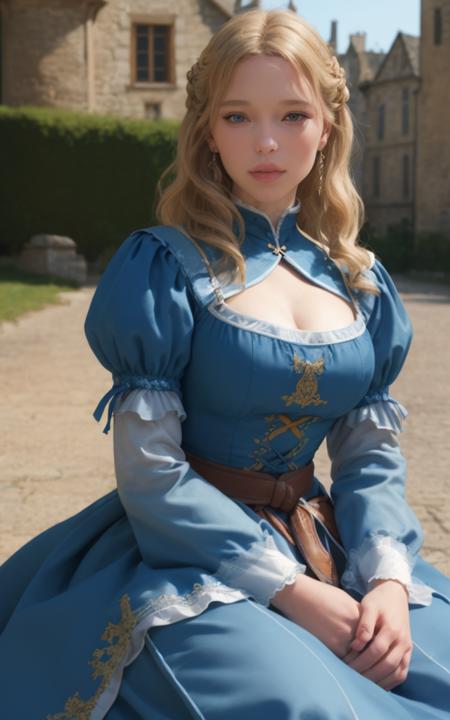 waist up closeup of lesydx wearing a [blue] medieval dress, medieval france outdoors, smug expression, [blonde] hairdo, realistic, <lyco:LeSydx_v1_locon_64_64: 1.2>