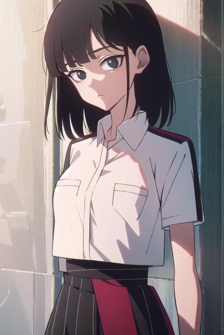 lingqiao, <lyco:lingqiao-LYCORIStest:1>, 
ling qiao, bangs, black hair, medium hair, (black eyes:1.5),
BREAK skirt, shirt, white shirt, short sleeves, collared shirt, black footwear, red skirt, sandals, pocket, long skirt, shirt tucked in, breast pocket,
BREAK looking at viewer,
BREAK outdoors, city,
BREAK <lora:GoodHands-vanilla:1>, (masterpiece:1.2), best quality, high resolution, unity 8k wallpaper, (illustration:0.8), (beautiful detailed eyes:1.6), extremely detailed face, perfect lighting, extremely detailed CG, (perfect hands, perfect anatomy),