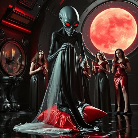 high-society elegant slender norvegian rich innocent young bride kneeling at whorish red glossy foil pillow from behind. She is ensnared by a towering, gray human-like alien, draped in a long, glossy black slime cloak, its eyes gleaming red with an otherworldly intensity.   its hands fastens steel slave collar  on her. Surrounded by strict ladies wearing  glossy satin dominatrix attire and glossy high heels,  holding candles.   weird wet-look black slime  walls and floor, colossus observation blister to outer space full of stars, bright red moon, vintage-inspired makeup, long hairs, ultra thin waist, evil grin, porcelain skin, lipstick, red nails, in the style of a haunting, retro-futuristic 1950s sci-fi nightmare, horror, alien space base,,