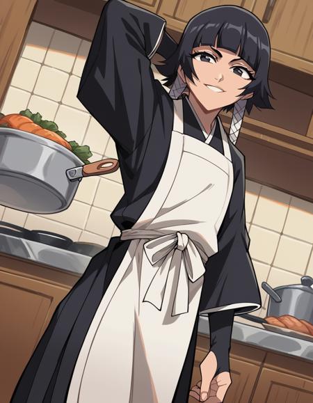 <lora:soifon-anime-ponyxl-lora-nochekaiser:1>, soifon, short hair, bangs, black hair, short hair with long locks, black eyes, gloves, bare shoulders, japanese clothes, elbow gloves, hakama, black hakama, gloves, japanese clothes, elbow gloves, hakama, black hakama, haori, black kimono, long sleeves, wide sleeves, black sleeves,