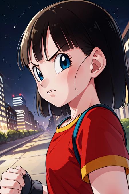 masterpiece, 
  <lora:panGT-000008:0.5>, 1girl, solo, short black hair, (black eyes),  pan, 
from side, angry, portrait, looking at viewer, 
red shirt
blue sky, night, building, clenched hands,