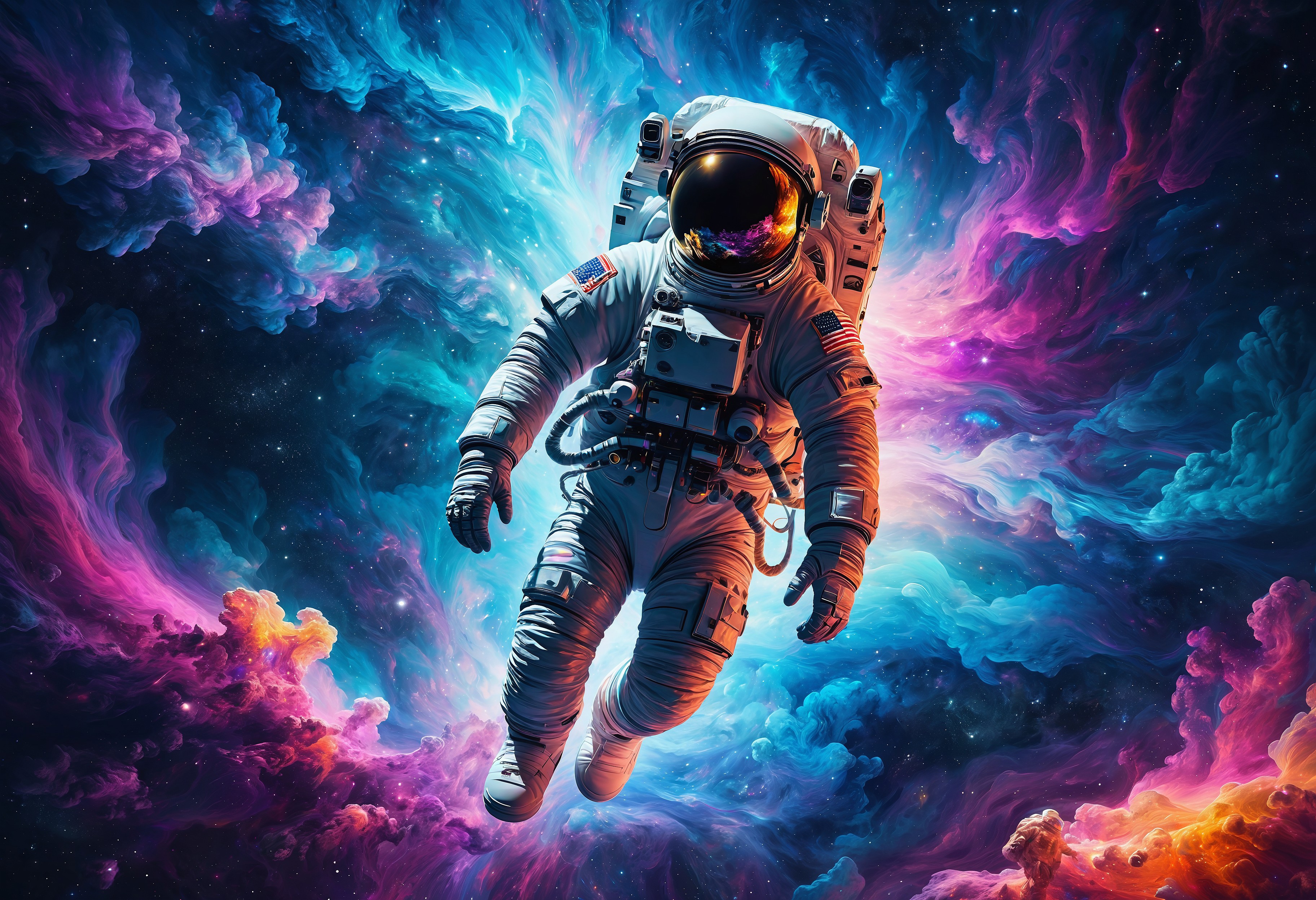 Astronaut in space suit flying through a colorful nebula.