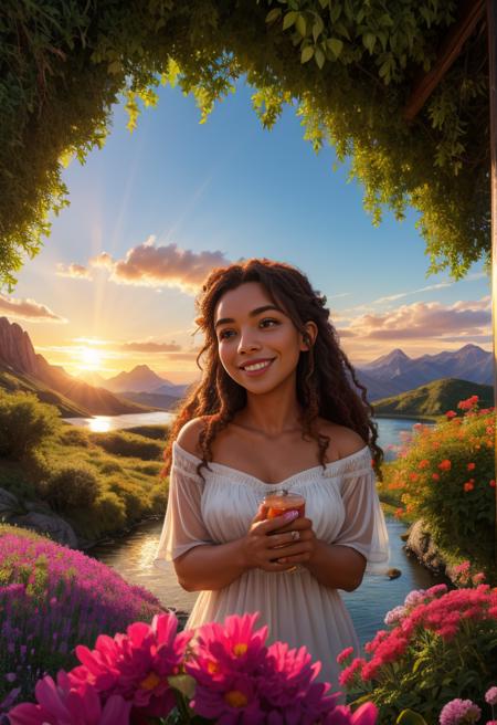 (best quality, 8k, highres, masterpiece:1.2), photorealistic, ultra-detailed, vibrant photography of a woman in nature,  cute smile, dramatic lighting, finely detailed beautiful eyes, fine detailed skin, Natural scenery, majestic landscape, colorful flowers, distant mountains, flowing rivers, melting sunset, serene atmosphere, dazzling sunlight, blissful vibes, freckled face, luscious greenery, soft breeze, ethereal beauty, <lora:Fantasy_Fusion_X_V1:0.8>