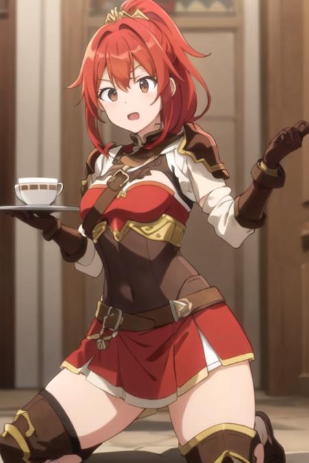 Milly\(milly)\ , ponytail, red hair, brown eyes, hair ornament, armor <lora:Milly_The_Aristocrat_s_Otherworldly_Adventure_Serving_Gods_Who_Go_Too_Far-000009:0.75>, middle breasts, ultra delatiled, kneel, cafe