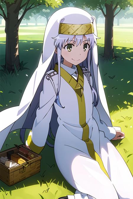 masterpiece, 1girl, index \(toaru majutsu no index\), cute, best quality, silver hair, veil, happy, laying in grass, picnic, trees, smiling, sunny, bright, best quality, anime