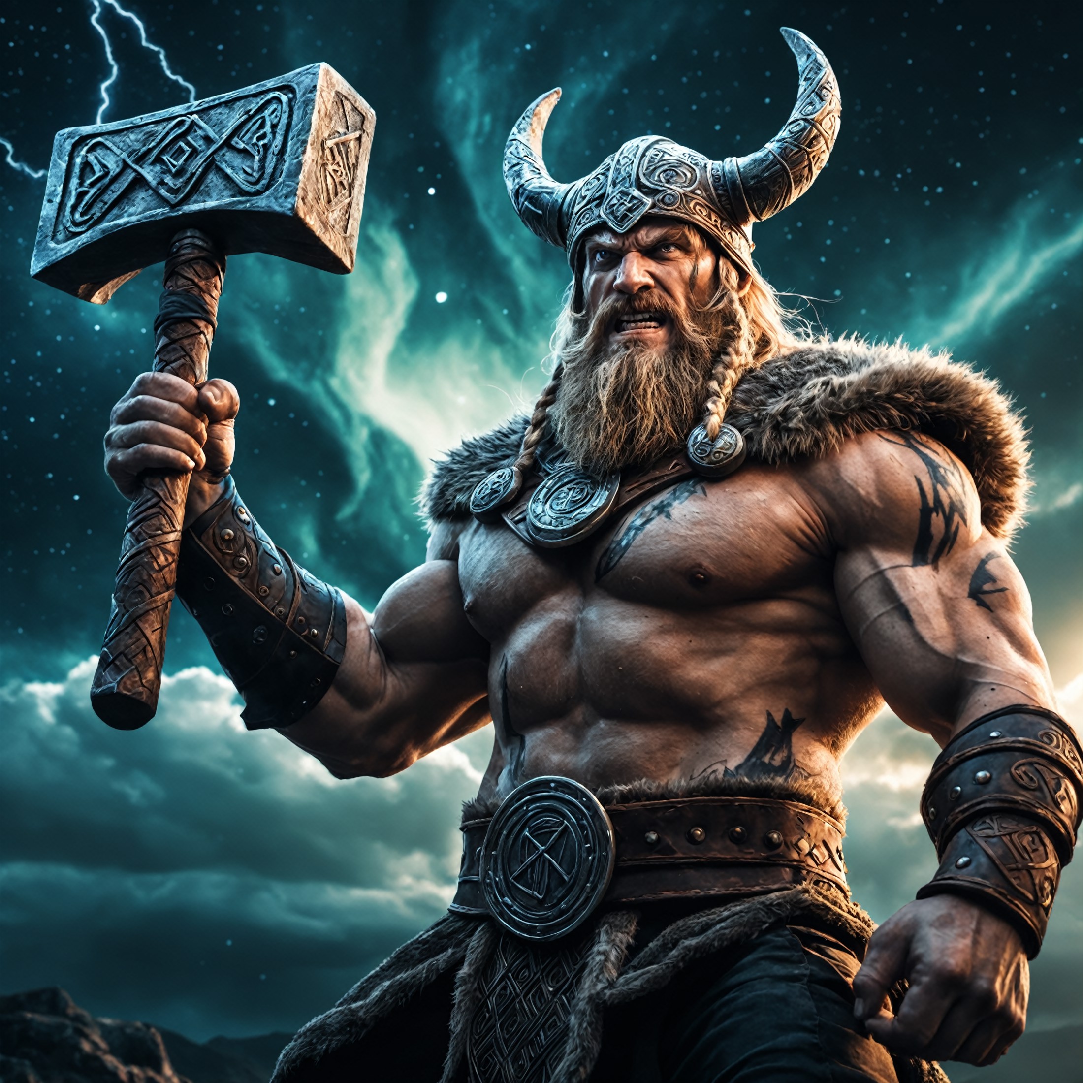Closeup face,an angry viking holding Mjolnir, snear Yggdrasil, epic pose, epic light, glowing runes, epic sky, universe sp...