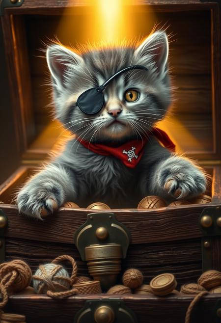 In a hyper-realistic image, an adorable kitten is dressed as a pirate, complete with an eye patch and a bandana. The kitten's fur is a fluffy, gray coat, and its paws are tiny and delicate. The kitten is opening a treasure chest with both paws, and a golden light is radiating outwards from within. As the chest creaks open, the kitten's eyes widen with excitement, and its face lights up with joy. Instead of gold coins or precious jewels, the treasure chest is filled with a kitten's paradise: rows of sardine tins, stacks of yarn balls, and a treasure trove of catnip toys. The kitten's paws are grasping the edges of the chest, and its tail is twitching with excitement. Its eyes are glowing with an inner light, and its whiskers are quivering with joy. The overall effect is one of pure, unadulterated delight, as if the kitten has discovered the greatest treasure of all time. The image is rendered in exquisite detail, with subtle texture and shading that creates a sense of depth and dimensionality. The golden light radiating from the treasure chest adds a warm, cozy glow to the scene, and the kitten's ecstatic expression is infectious, making the viewer smile with delight. Highest-Quality, 4k, intricate details, visually stunning, Masterpiece