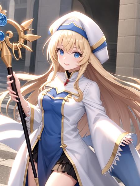 priestess \(goblin slayer\), blonde hair, long hair, blue eyes white headwear, dress, long sleeves, hat, thighhighs, thigh boots, holding staff, staff