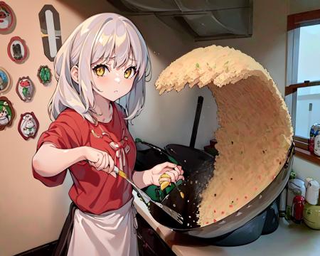 (best quality, masterpiece), ricewave, (1girl, solo,cooking, standing , looking at viewer, white hair, yellow eyes, closed mouth, upper body), (kitchen, holding wok, Spatula) <lora:fried-05:1>