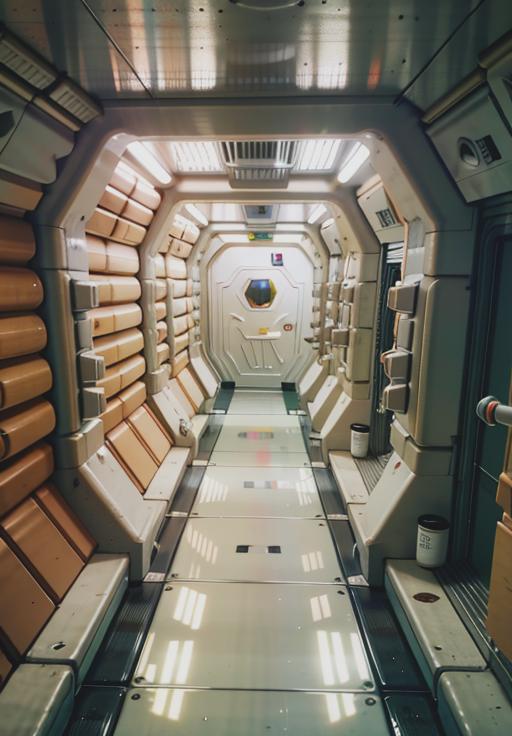 White Corridor with Benches and Lockers Inside a Spacecraft