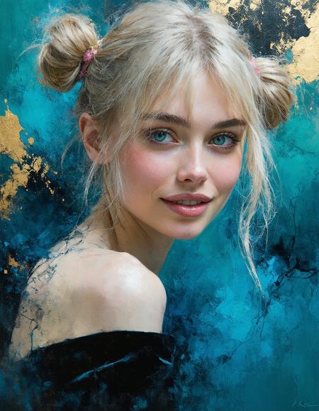 Oil painting rendered in ethereal pastels, hyper-close Dutch tilt framing: a cherubic blonde woman leans forward, messy pigtails cascading over blunt bangs, stray golden strands backlit like filaments. Thick pink lips part in a blushing smirk, cyan-blue eyes locking the viewer under brows veiled by hair. Matte black velvet dress dissolves into swirling indigo ink blooms, pooling at her collarbone. Palette: crushed lavender blush, powdered sugar highlights, inky voids. Makoto Fujimura-inspired nihonga marbling meets Klimt-esque gilt textures. Diffused studio light fractures through airborne ink droplets—innocence laced with liquid chaos.
