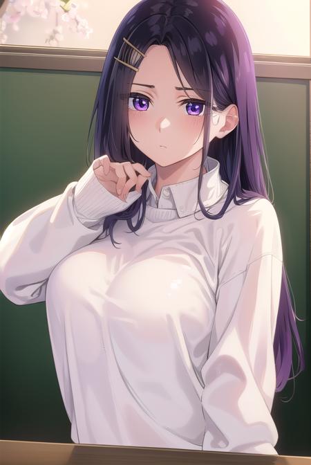 sayuriakino, <lora:sayuri akino manga-lora-nochekaiser:1>,
sayuri akino, long hair, hair ornament, hairclip, purple hair, (purple eyes:1.1), (forehead:1.2),
BREAK shirt, white shirt, collared shirt, sweater, black sweater,
BREAK indoors, classroom,
BREAK looking at viewer, (cowboy shot:1.5),
BREAK <lyco:GoodHands-beta2:1>, (masterpiece:1.2), best quality, high resolution, unity 8k wallpaper, (illustration:0.8), (beautiful detailed eyes:1.6), extremely detailed face, perfect lighting, extremely detailed CG, (perfect hands, perfect anatomy),