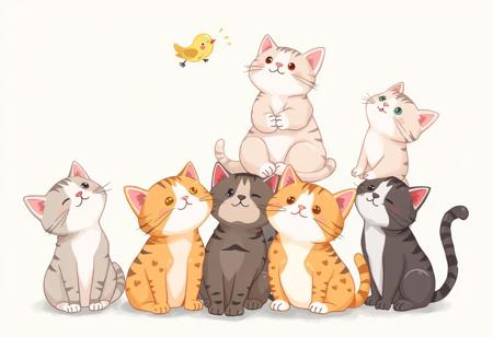 healing Seven cats, stacked on top of each other, looking up, little birds, childish and warm, Style cartoon, illustration, cute, healing