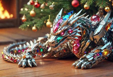 (TransformersStyle dragon robot), break, pile of colorful crystal gems, under a Christmas tree, highly detailed clean, beautiful detailed intricate, 8K, DonMSn0wM4g1c