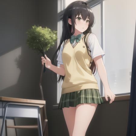 (masterpiece, best quality:1.2),illustration,8k,hd,1girl,solo,standing,black hair,brown eyes,long hair,bangs,hair between eyes,school uniform,bow,breasts,sweater vest,green skirt,socks,kneehighs,short sleeves,plaid skirt,pleated skirt,<lora:Kotegawa-V1:0.7>,