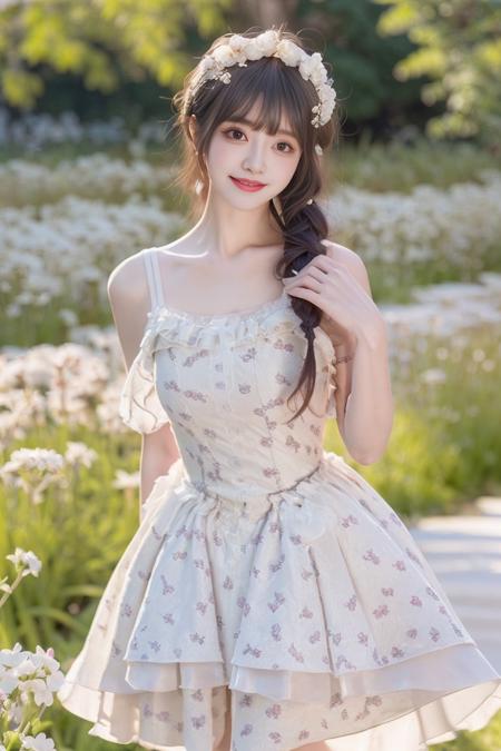 1girl, solo,mix4, (realistic:1.1), (photorealistic:1.1), (masterpiece:1.1), (best quality:1.1),  ultra detailed, looking at viewer, smile,flower_dress,standing , natural lighting, depth of field,garden, flower,pureerosface_v1,in a meadow,cherry_blossoms,
<lora:flower_dress:0.8>,<lora:A_BaseFace_1_cuteGirlMix4_v10:0.4>, <lora:A_BaseFace_5_asiaMix_v10:0.6>