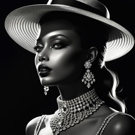 A monochromatic, high-contrast, close-up portrait of a woman viewed from a low angle, emphasizing her neck and face. She wears a wide-brimmed hat that casts shadows on her face, accentuating her sharp features. Her lips are glossy, slightly parted, and adorned with sparkling accessories. The woman is adorned with an elaborate, diamond-studded choker necklace that drapes elegantly down her neck, catching the light in a way that makes the jewels shimmer. The overall mood is glamorous and mysterious, with a sleek and stylish aesthetic