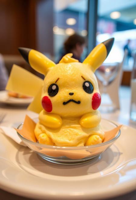A candid closeup photo of a dessert on a restaurant table. The dessert contains of ice cream shaped like a pikachu, which appears to be worried and looking at the viewer in a pleading way.