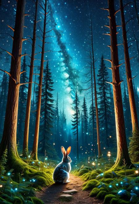 CosmicStyle,space,fantasy,Shimmering stars,starlight ,animal, rabbit,full view,masterpiece, best quality, amazing quality, aesthetic,outdoor,trees,fantasy,forest