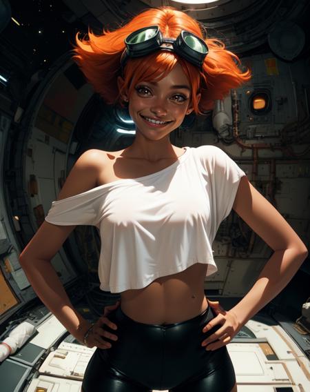 Edward,  midriff, orange hair, (white loose shirt), off shoulder, 
bike shorts, brown eyes, goggles on head, 
smile, space station, engine room, hands on hips, 
standing,  upper body, 
 (insanely detailed, beautiful detailed face, masterpiece, best quality
 <lora:EDWARD:0.7>