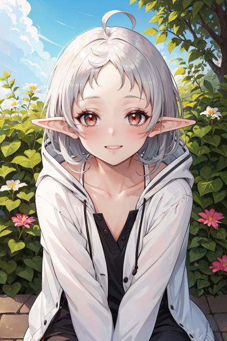 (masterpiece, best quality, ultra detailed), (detailed background, complex background:1.2), (perfect face, detailed face), ((full-face blush)), happy, smile, parted lips, (milf, mature female:1.4)
 <lora:sylphiette:1> sylphiette, pointy ears, 1girl, short hair, ahoge, elf, long sleeves, shirt, jacket, collarbone, hood, white shirt, medium hair, grey hair
(outdoors, garden, sitting, arms support)