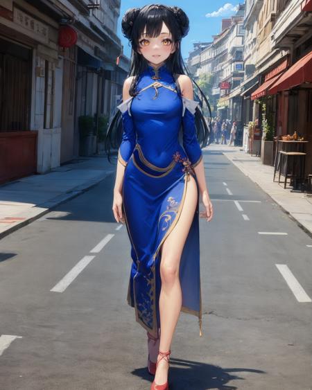 (best quality, masterpiece:1.2), illustration, absurdres,
(1girl, solo, beautiful detailed girl), full body,
<lora:Ashen:0.9>, Ashen Lu, orange eyes, black hair, long hair, braided buns, small breasts,
chinese clothes, china dress, blue dress, red shoes, red ribbons,
chinese architecture,  chinese theme, outdoor, street, sky, buildings
looking at viewer, happy,