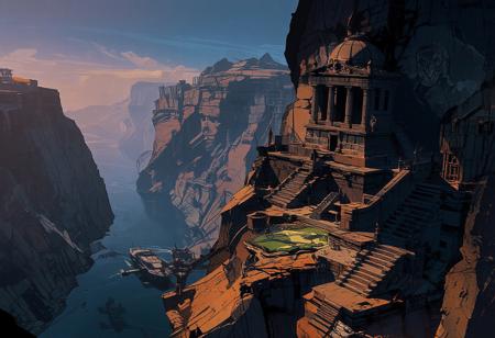 Aerial view of a vast river flowing through a massive, deep, and towering canyon. Night is approaching, and the lighting is stunning and highly contrasted. The river meanders through the canyon, stretching endlessly into the distance. Futuristic boats are visible on the water. On the right cliff, intricate stone stairways lead to large terraces, and higher up on a plateau stands a colossal ancient Inca-style temple with colonnades and domes. On the opposite cliff, a massive relief carving of Cthulhu—a humanoid, octopus-like creature—is etched into the rock. The grand temple on the right, towering above the others, dominates the landscape. The colors are natural and beautiful, with strong, contrasting shadows, mainly in shades of blue, orange, and ochre.