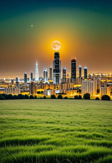 a huge hilly field covered with grass with partially clayey inclusions, green and brown boxes are visible very far away, also behind the hills narrow black skyscrapers with white windows with a yellowish tint are visible, green and brown boxes are visible far away, a dimly lit and dull black building with an orangish glow from sunset, you can see a small white bright advertisement with incomprehensible outlines, black skyscrapers with light yellow windows topped with metal structures standing right in the middle of the field reflect the light of the moon, in the distance you can see small two-story buildings with very small windows and a chimney, a little closer near the skyscrapers you can also see small two-story buildings buildings with very small windows and a chimney, not all skyscrapers are topped with metal structures, the sky on the horizon is from dark red to yellowish which sees off the departing sun, the moon is on the opposite side, the sky is soft blue topped by the moon on the opposite side of the sun, and a few stars, clouds light white very transparent barely visible,