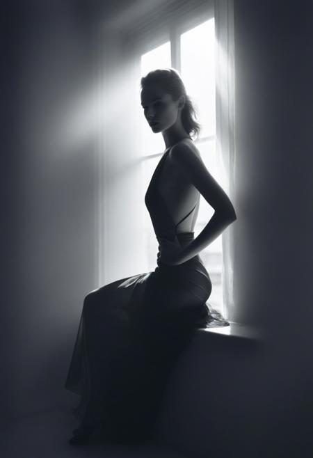 fflixmj6, high-contrast monochrome photograph, a black and white photo of a woman in a dress sitting on a window sill, inspired by Peter Lindbergh, Peter Lindbergh, in black and white, official dior editorial, back and white, by Peter Lindbergh, stunning model, official versace editorial, open back dress, inspired by Helmut Newton, dior campaign, for gq, official jil sander editorial,  calvin klein photograph, patrick demarchelier, supermodel, noir style, editorial of dior magazine, looking at viewer