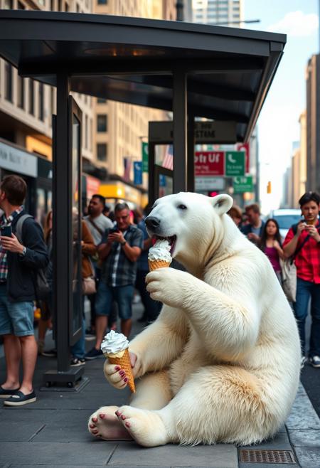 An anthropomorphic polar bear is licking ice cream, sitting at a bus stop in downtown New York, there are a lot of people around, busy traffic, people taking pictures, summer, heat, clear image, no blur