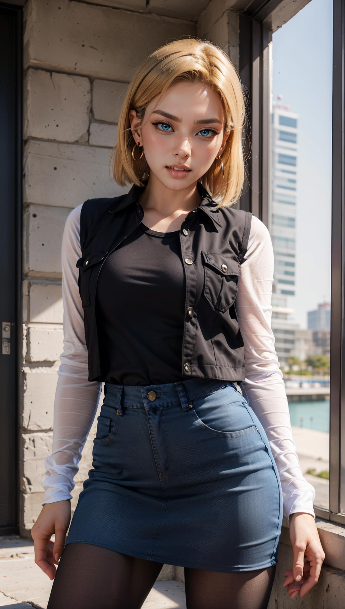 A young woman in a black shirt and blue jeans posing for a picture.