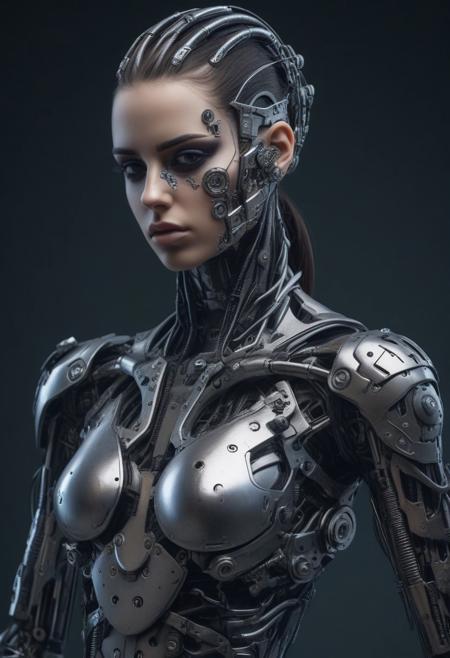 biomechanical girl with cyberpunk appearance with metal pieces on her face and body, posing in jojo's style
