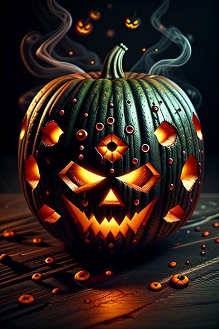 Close up of an evilHalloween pumpkin on a wooden wet table in a dark rainy and misty forest at night. The trees are black. The full moon appears behind the dark clouds behind the trees and the blue moonlight blends in with the misty atmosphere. 8k render ensuring crisp and clear details with realistic shadows, reflections and vivid and vibrant colors. <lora:aidmaHyperrealism:0.5> aidmaHyperrealism, extremely high-resolution details, photographic, realism pushed to extreme, fine texture, incredibly lifelike, <lora:ImageUpgraderV2:0.5> detailmaximizer, easynegative, c4d, blender, raytracing, unreal engine 5, render 3d, OverallDetail