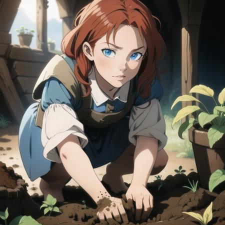 a young medieval farmer digging in the dirt, 1girl, blue eyes, red hair, (looking at viewer),
analogue photography, natural light,
